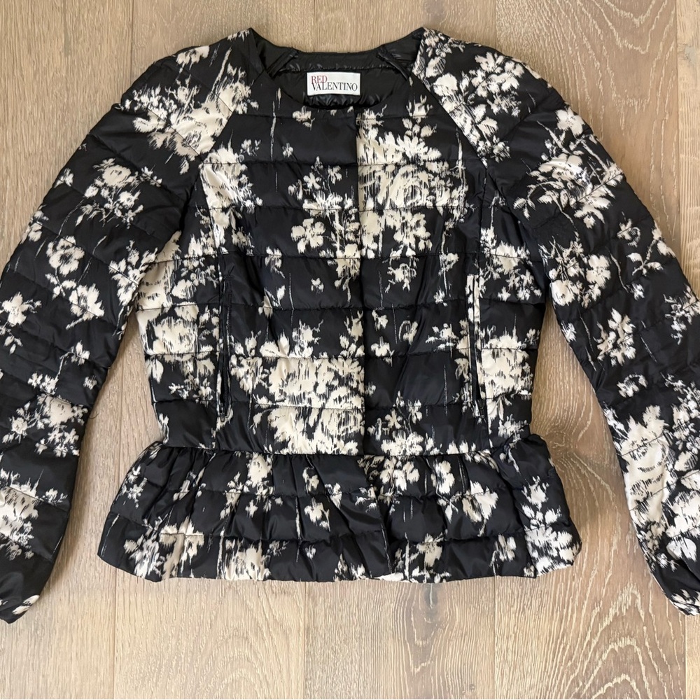 RED Valentino Women's Black and White Floral Puffer Jacket